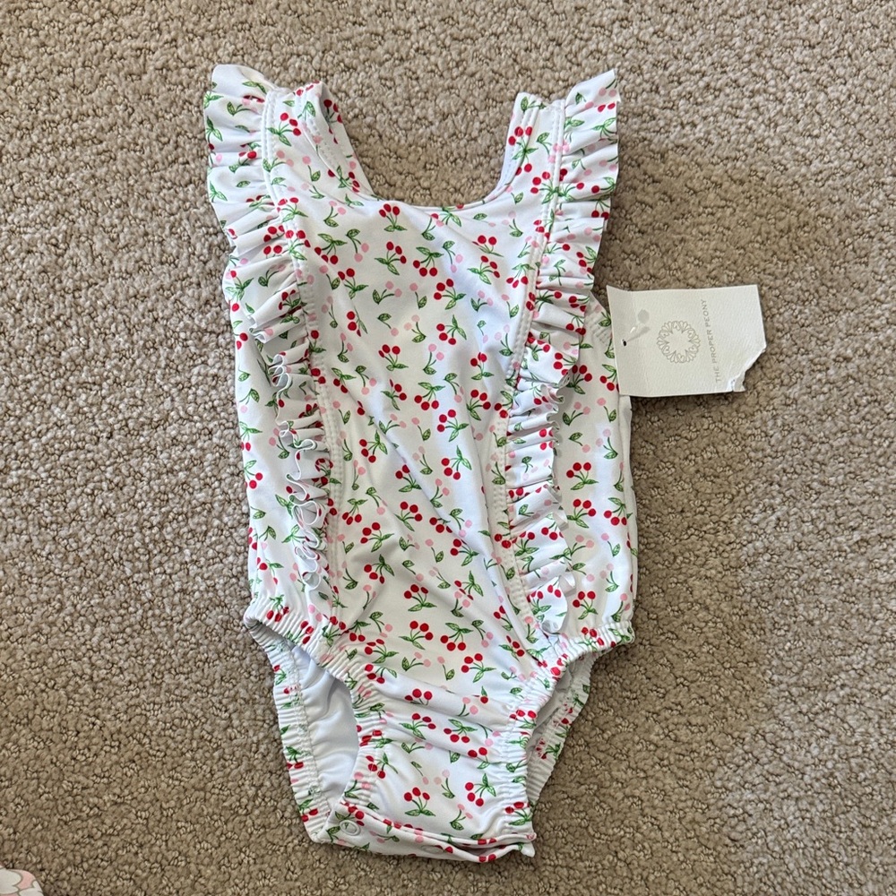 Proper Peony Cherry Print Ruffle  Swimsuit 12 months